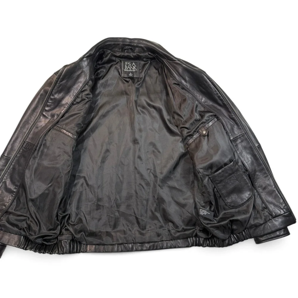 Jos A Bank Mens Black Genuine Leather Bomber Jacket Full Zip Coat Large